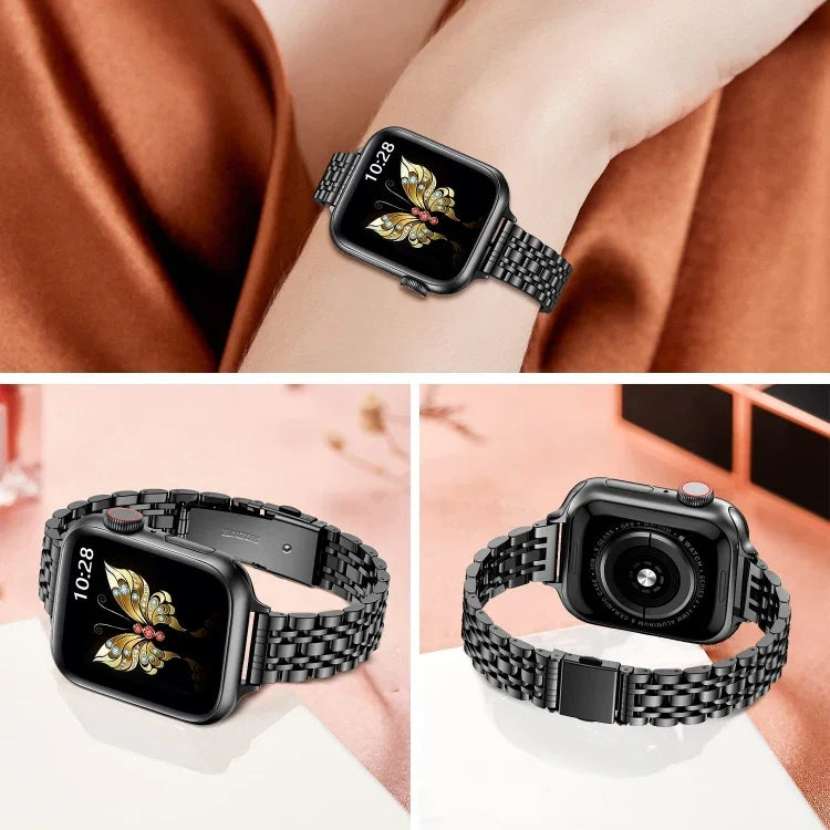 纖細七珠彈弓扣金屬錶帶，適用 Apple Watch SE 2023 44mm，Apple Watch SE 2023 40mm，Apple Watch Ultra 2 49mm，Apple Watch Series 9 45mm，Apple Watch Series 9 41mm，Apple Watch Ultra 49mm