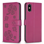 四葉草壓紋皮革手機殼，適用於 iPhone 11 Pro，適用於 iPhone X / XS，適用於 iPhone XR，適用於 iPhone XS Max，適用於 iPhone 7 Plus / 8 Plus