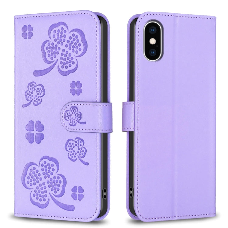 四葉草壓紋皮革手機殼，適用於 iPhone 11 Pro，適用於 iPhone X / XS，適用於 iPhone XR，適用於 iPhone XS Max，適用於 iPhone 7 Plus / 8 Plus