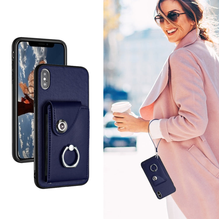 管風琴卡包指環支架 PU 手機殼附掛繩，適用於 iPhone XS / X，適用於 iPhone XR，適用於 iPhone XS Max，適用於 iPhone 8 Plus / 7 Plus