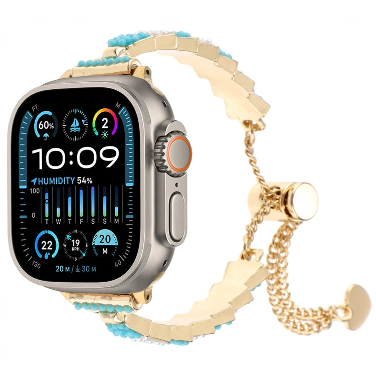貝殼珠鏈手鍊金屬錶帶，適用於Apple Watch SE 2023 44mm、Apple Watch SE 2023 40mm、Apple Watch Ultra 2 49mm、Apple Watch Series 9 45mm、Apple Watch Series 9 41mm、Apple Watch Ultra 49mm、Apple Watch Series 8 41mm
