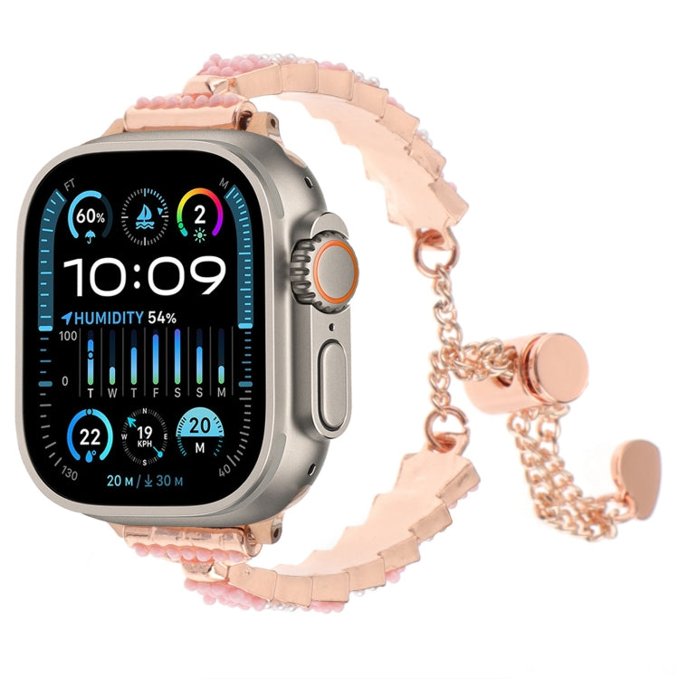 貝殼珠鏈手鍊金屬錶帶，適用於Apple Watch SE 2023 44mm、Apple Watch SE 2023 40mm、Apple Watch Ultra 2 49mm、Apple Watch Series 9 45mm、Apple Watch Series 9 41mm、Apple Watch Ultra 49mm、Apple Watch Series 8 41mm
