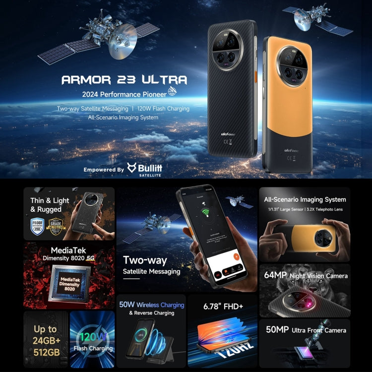 Ulefone Armor 23 超級耐用手機，6.78 吋 Android 13 MediaTek 天璣 8020 八核心最高 2.6GHz，網絡：5G，NFC，OTG，衛星訊息，12GB+512GB