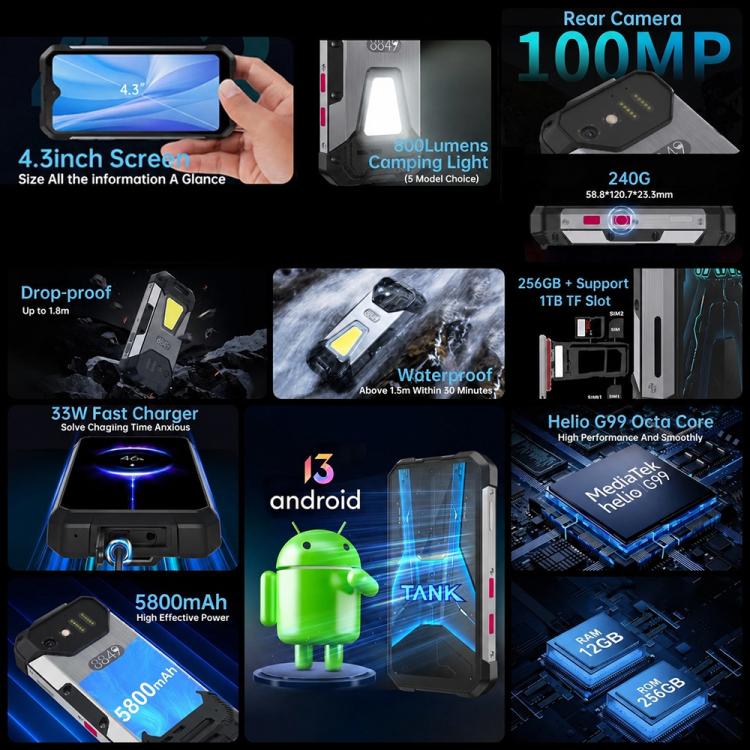 Unihertz Tank mini 1 / 8849，100MP 相機，4.3 吋 Android 13 Helio G99 八核心，網絡：4G，Tank mini 1 8GB+256GB