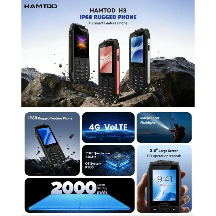 HAMTOD H3 耐用手機，2.8 吋 T107 ARM CortexTM A7 四核心 1.0GHz，網絡：4G，VoLTE，藍牙，SOS，歐版