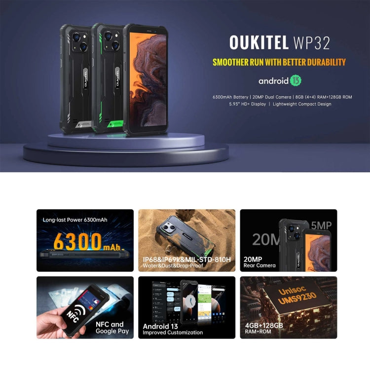 Oukitel WP32，IP68/IP69K，5.93 吋 Android 13 Unisoc Tiger T606 八核心，NFC，OTG，網絡：4G，4GB+128GB