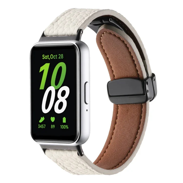 荔枝紋磁吸黑色扣環皮革錶帶，適用於 Samsung Galaxy Fit 3