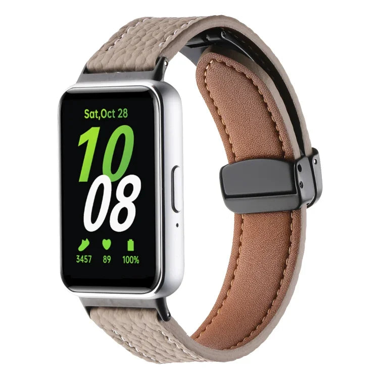 荔枝紋磁吸黑色扣環皮革錶帶，適用於 Samsung Galaxy Fit 3