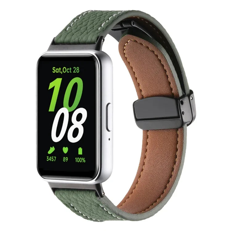 荔枝紋磁吸黑色扣環皮革錶帶，適用於 Samsung Galaxy Fit 3