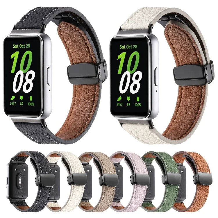 荔枝紋磁吸黑色扣環皮革錶帶，適用於 Samsung Galaxy Fit 3