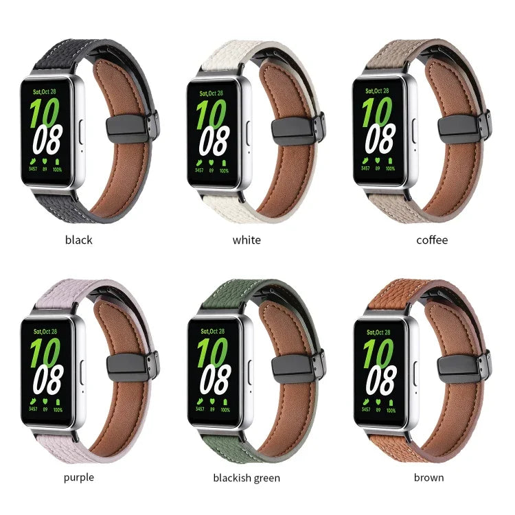 荔枝紋磁吸黑色扣環皮革錶帶，適用於 Samsung Galaxy Fit 3