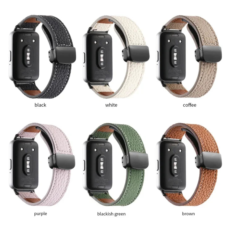 荔枝紋磁吸黑色扣環皮革錶帶，適用於 Samsung Galaxy Fit 3