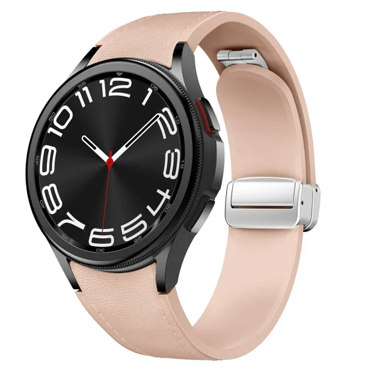 磁吸銀色扣頭皮革矽膠錶帶，適用於 Samsung Galaxy Watch 6