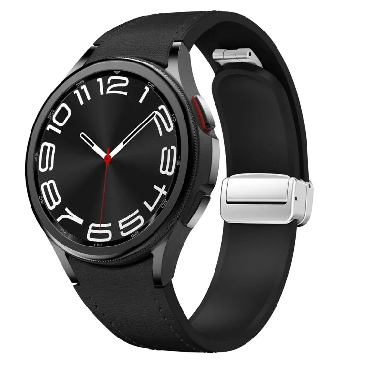 磁吸銀色扣頭皮革矽膠錶帶，適用於 Samsung Galaxy Watch 6