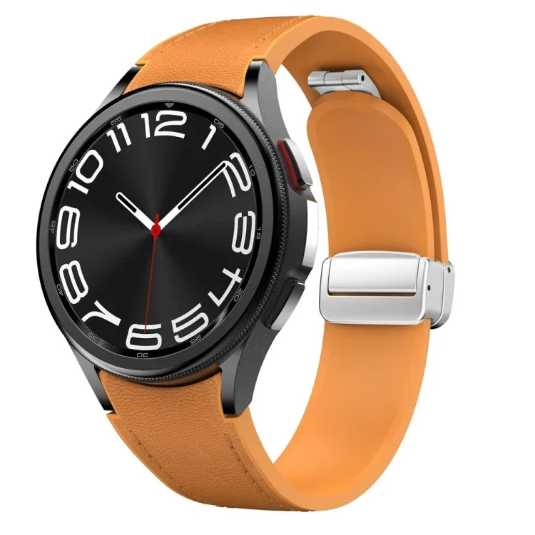 磁吸銀色扣頭皮革矽膠錶帶，適用於 Samsung Galaxy Watch 6