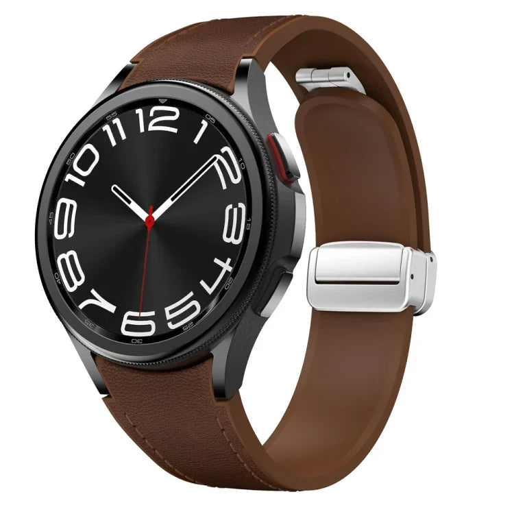 磁吸銀色扣頭皮革矽膠錶帶，適用於 Samsung Galaxy Watch 6
