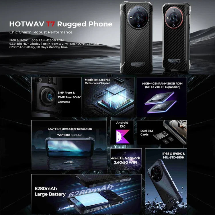 HOTWAV T7 耐用手機，6280mAh，6.52 吋 Android 13 MT8788 八核心，網絡：4G，OTG，4GB+128GB