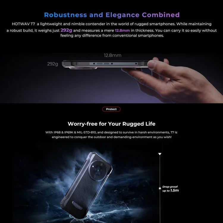 HOTWAV T7 耐用手機，6280mAh，6.52 吋 Android 13 MT8788 八核心，網絡：4G，OTG，4GB+128GB