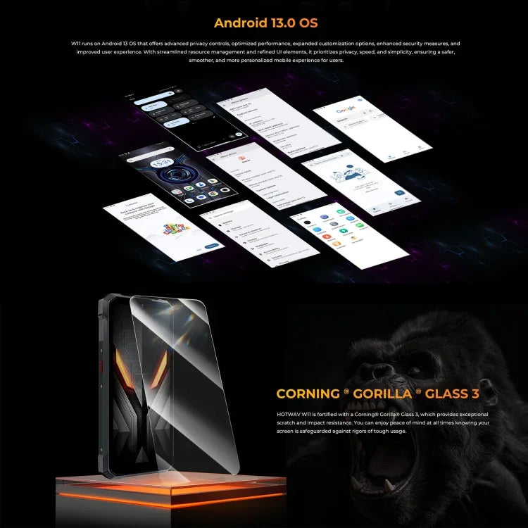 HOTWAV W11 耐用手機，夜視，20800mAh，6.6 吋 Android 13 MT8788 八核心，網絡：4G，OTG，通話錄音，6GB+256GB