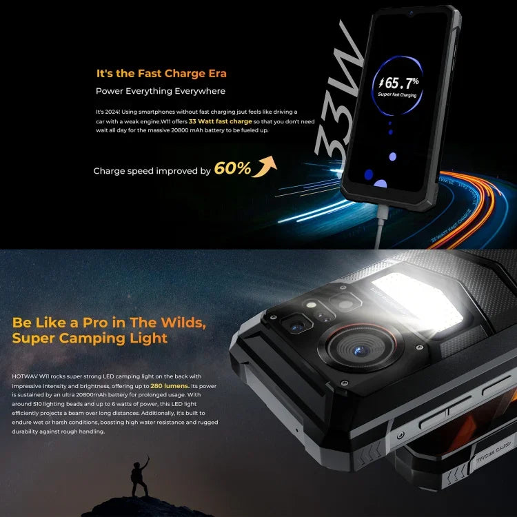 HOTWAV W11 耐用手機，夜視，20800mAh，6.6 吋 Android 13 MT8788 八核心，網絡：4G，OTG，通話錄音，6GB+256GB