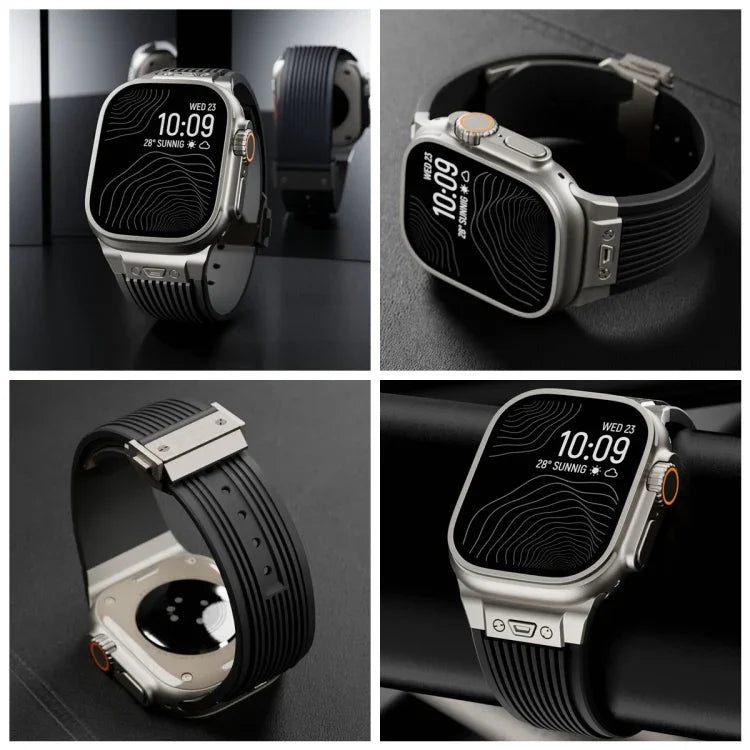 直紋鈦合金扣彈性矽膠錶帶，適用於 Apple Watch SE 44毫米，Apple Watch Series 6 44毫米，Apple Watch Series 5 44毫米，Apple Watch Series 4 44毫米，Apple Watch Series 3 42毫米，Apple Watch Series 2 42毫米
