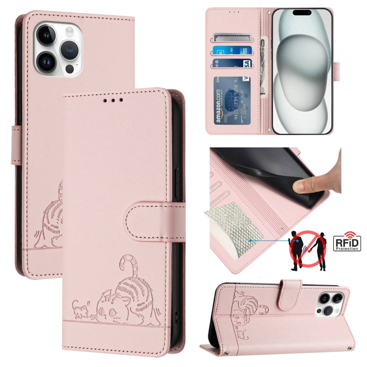 貓鼠浮雕圖案RFID皮革手機殼附掛繩，適用於iPhone 13 mini、iPhone 12/12 Pro、iPhone 12 Pro Max、iPhone 12 mini、iPhone 11 Pro Max、iPhone 11、iPhone 11 Pro、iPhone XS / X