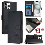 貓鼠浮雕圖案RFID皮革手機殼附掛繩，適用於iPhone 13 mini、iPhone 12/12 Pro、iPhone 12 Pro Max、iPhone 12 mini、iPhone 11 Pro Max、iPhone 11、iPhone 11 Pro、iPhone XS / X