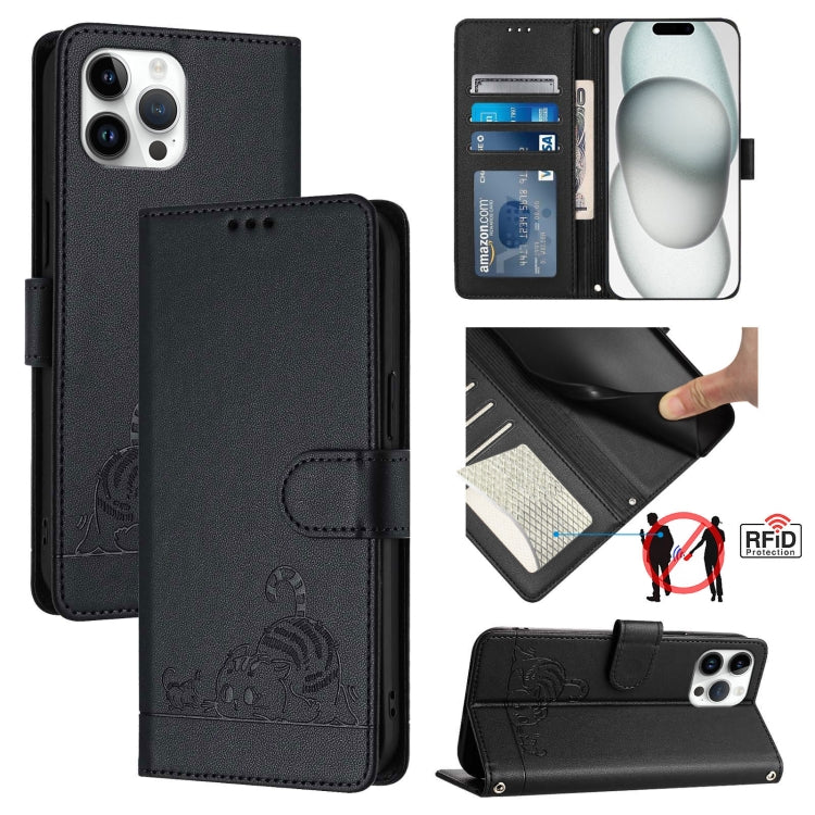貓鼠浮雕圖案RFID皮革手機殼附掛繩，適用於iPhone 13 mini、iPhone 12/12 Pro、iPhone 12 Pro Max、iPhone 12 mini、iPhone 11 Pro Max、iPhone 11、iPhone 11 Pro、iPhone XS / X