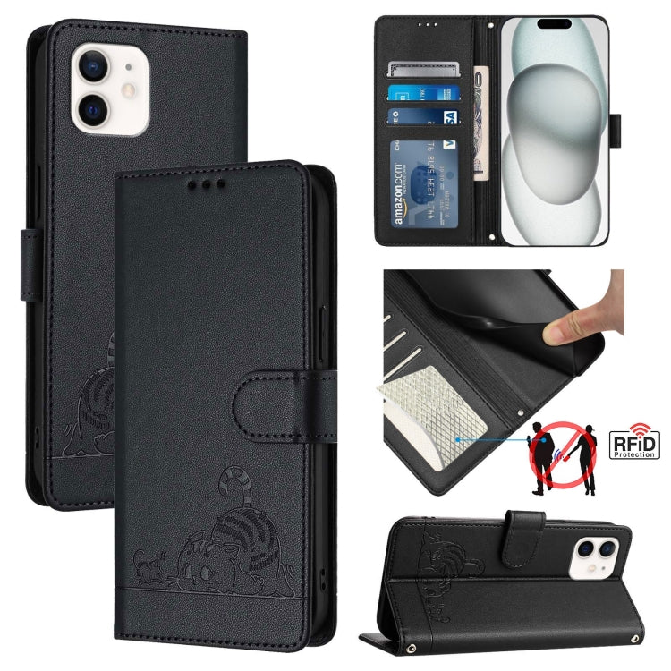 貓鼠浮雕圖案RFID皮革手機殼附掛繩，適用於iPhone 13 mini、iPhone 12/12 Pro、iPhone 12 Pro Max、iPhone 12 mini、iPhone 11 Pro Max、iPhone 11、iPhone 11 Pro、iPhone XS / X