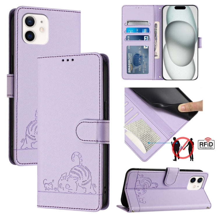 貓鼠浮雕圖案RFID皮革手機殼附掛繩，適用於iPhone 13 mini、iPhone 12/12 Pro、iPhone 12 Pro Max、iPhone 12 mini、iPhone 11 Pro Max、iPhone 11、iPhone 11 Pro、iPhone XS / X