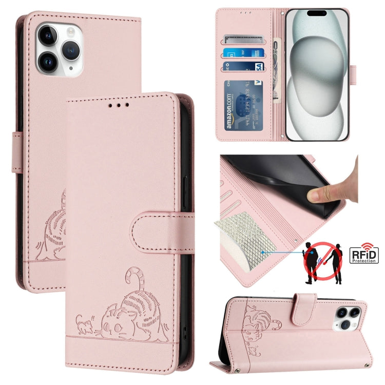 貓鼠浮雕圖案RFID皮革手機殼附掛繩，適用於iPhone 13 mini、iPhone 12/12 Pro、iPhone 12 Pro Max、iPhone 12 mini、iPhone 11 Pro Max、iPhone 11、iPhone 11 Pro、iPhone XS / X