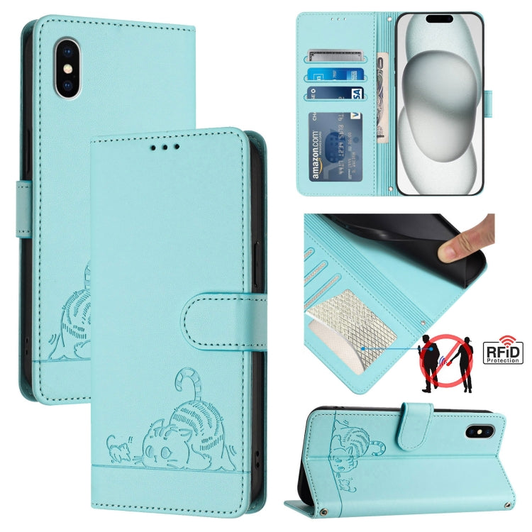 貓鼠浮雕圖案RFID皮革手機殼附掛繩，適用於iPhone 13 mini、iPhone 12/12 Pro、iPhone 12 Pro Max、iPhone 12 mini、iPhone 11 Pro Max、iPhone 11、iPhone 11 Pro、iPhone XS / X