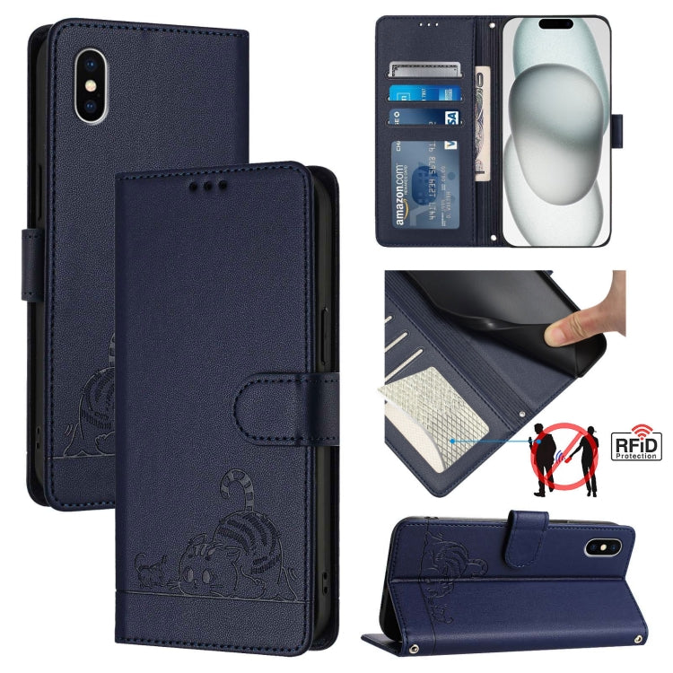 貓鼠浮雕圖案RFID皮革手機殼附掛繩，適用於iPhone 13 mini、iPhone 12/12 Pro、iPhone 12 Pro Max、iPhone 12 mini、iPhone 11 Pro Max、iPhone 11、iPhone 11 Pro、iPhone XS / X