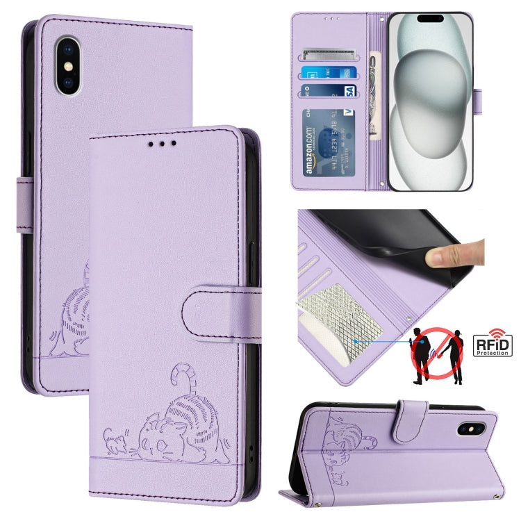 貓鼠浮雕圖案RFID皮革手機殼附掛繩，適用於iPhone 13 mini、iPhone 12/12 Pro、iPhone 12 Pro Max、iPhone 12 mini、iPhone 11 Pro Max、iPhone 11、iPhone 11 Pro、iPhone XS / X