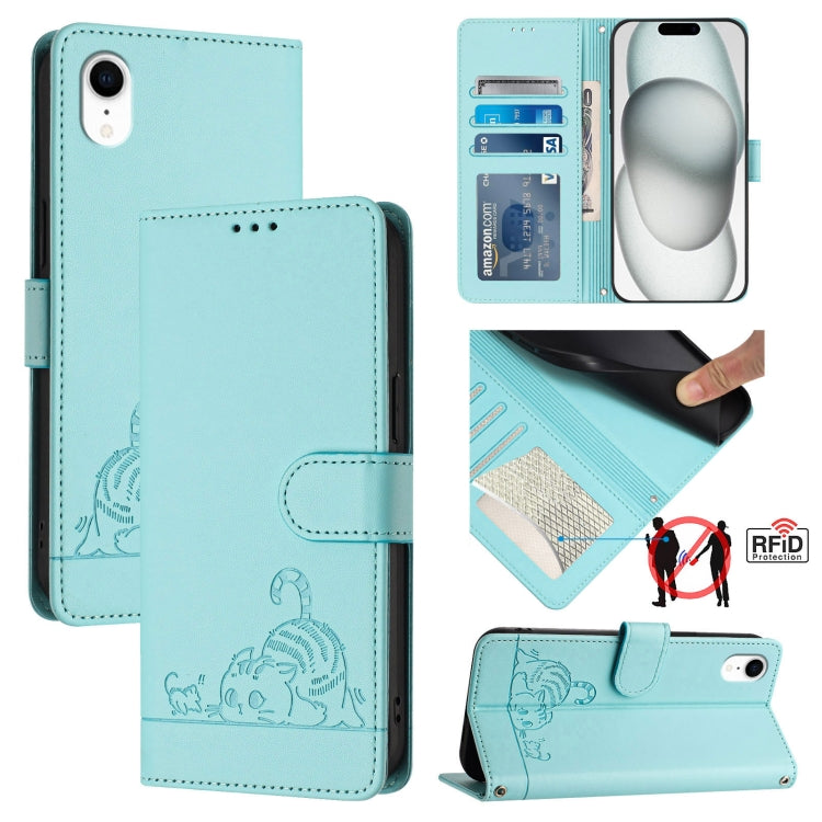 貓鼠浮雕圖案 RFID 皮革手機殼 附掛繩，適用於 iPhone XR，iPhone XS Max，iPhone 8 Plus / 7 Plus