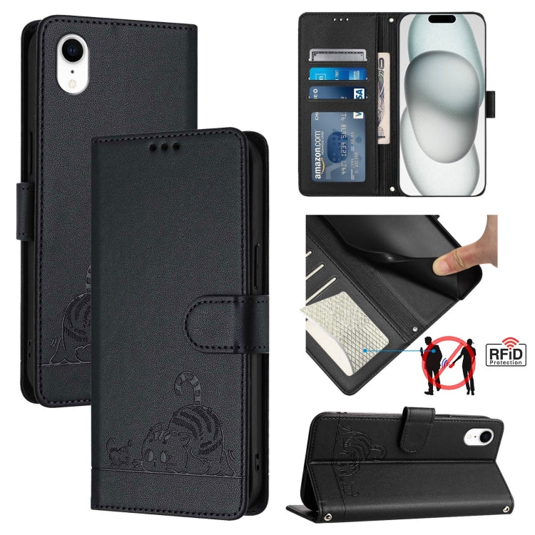 貓鼠浮雕圖案 RFID 皮革手機殼 附掛繩，適用於 iPhone XR，iPhone XS Max，iPhone 8 Plus / 7 Plus