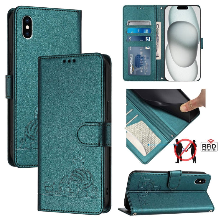 貓鼠浮雕圖案 RFID 皮革手機殼 附掛繩，適用於 iPhone XR，iPhone XS Max，iPhone 8 Plus / 7 Plus