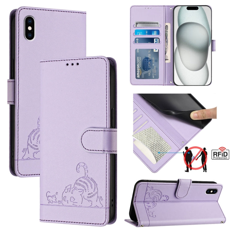 貓鼠浮雕圖案 RFID 皮革手機殼 附掛繩，適用於 iPhone XR，iPhone XS Max，iPhone 8 Plus / 7 Plus