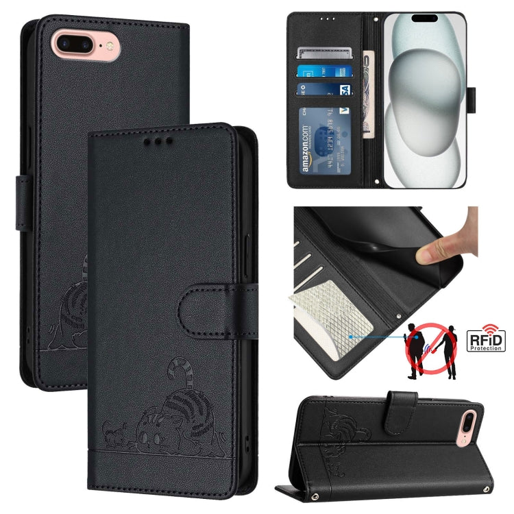 貓鼠浮雕圖案 RFID 皮革手機殼 附掛繩，適用於 iPhone XR，iPhone XS Max，iPhone 8 Plus / 7 Plus