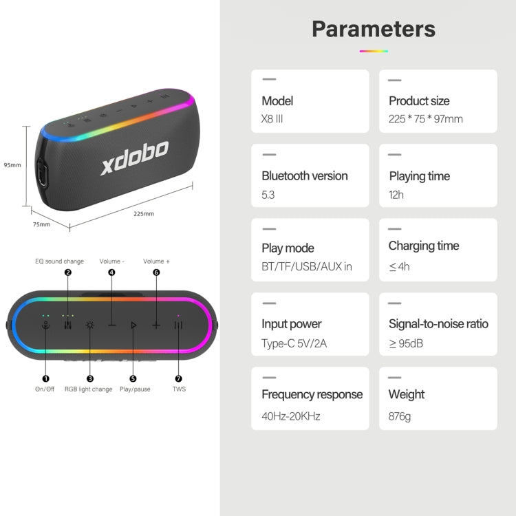 Xdobo X8 III BT5.3 IPX7 無線揚聲器帶 RGB 燈，支持藍牙/TF 卡/USB/AUX，X8 III