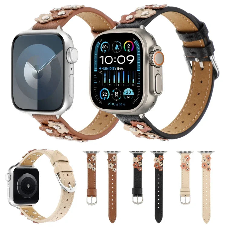 Stitched Flower Leather Watch Band, For Apple Watch Series 5 44mm, For Apple Watch Series 5 40mm, For Apple Watch Series 4 44mm, For Apple Watch Series 4 40mm, For Apple Watch Series 3 38mm, For Apple Watch Series 3 42mm, For Apple Watch Series 2 42mm ...