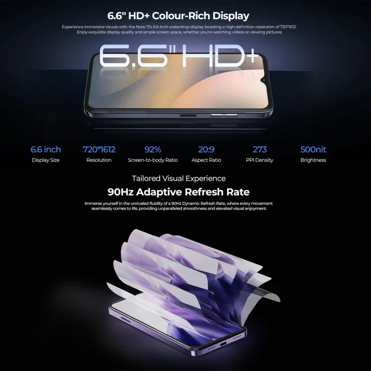 HOTWAV Note 13，側邊指紋識別，6.6 吋 Android 13 T606 八核心最高 1.6GHz，網絡：4G，OTG，4GB+128GB