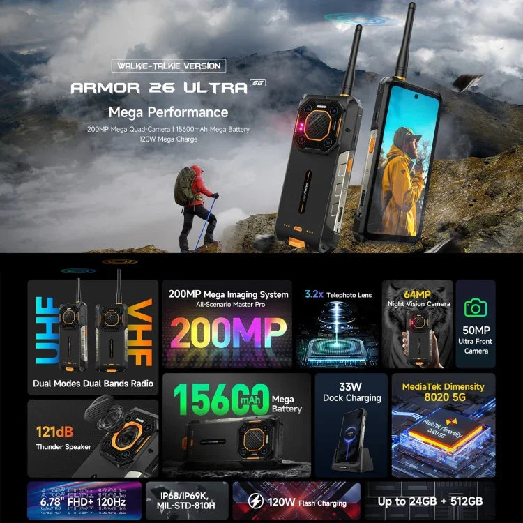 Ulefone Armor 26 Ultra 對講機版耐用手機，6.78 吋 Android 13 MediaTek 天璣 8020 八核心，網絡：5G，NFC，12GB+512GB 對講機版
