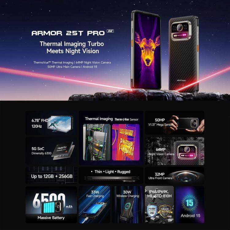 Ulefone Armor 25T Pro 堅固型手機，熱成像，6.78 吋 Android 15 MediaTek Dimensity 6300 八核心，網路：5G，NFC，8GB+256GB