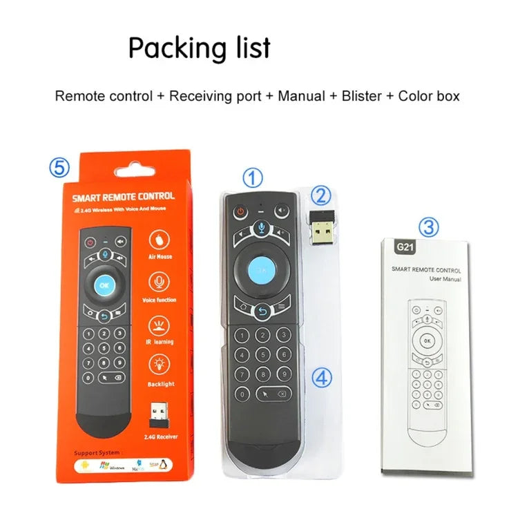 G21 2.4GHz 飛行空中滑鼠 LED 背光無線鍵盤遙控器，具陀螺儀，適用於 Android TV Box / PC，支援智慧語音，橘色