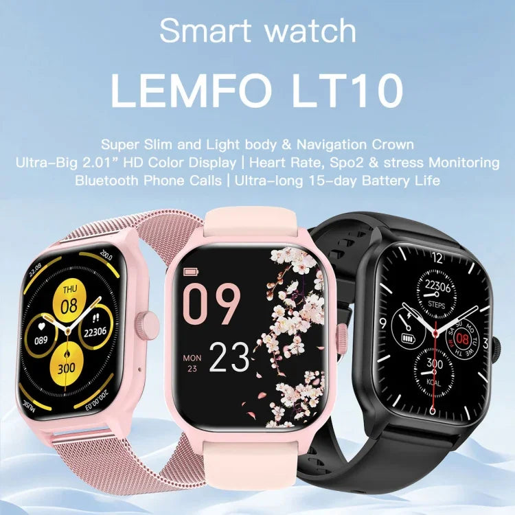 LEMFO LT10 2.01 吋 TFT 螢幕智慧手錶，支援藍牙通話／健康監測，鋼錶帶，矽膠錶帶