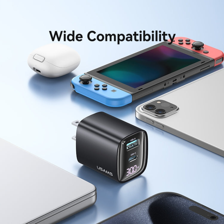 USAMS CC230 30W USB+USB-C / Type-C 雙埠 GaN 數字顯示充電器，規格：美規插頭，CC230
