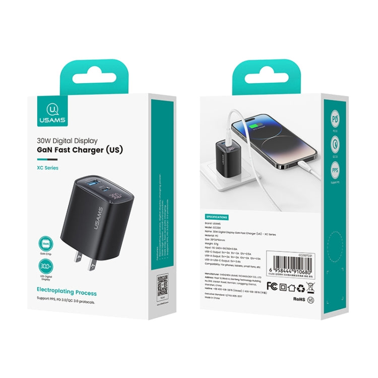 USAMS CC230 30W USB+USB-C / Type-C 雙埠 GaN 數字顯示充電器，規格：美規插頭，CC230