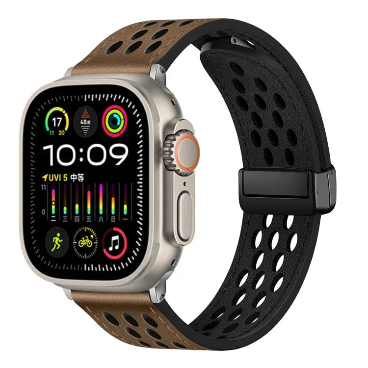 孔式折疊扣 PU 皮革錶帶，適用於 Apple Watch Ultra 49mm