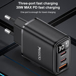 Yesido YC69 30W USB + 雙 USB-C / Type-C 數字顯示充電器，規格：EU 插頭，YC69